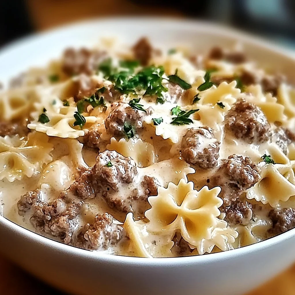 Beef and Bowtie Pasta with Alfredo Sauce