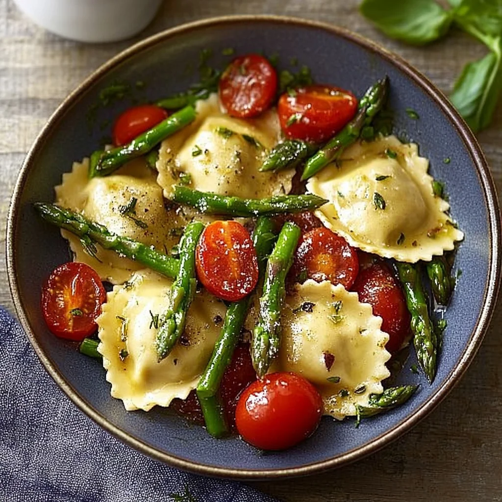 Ravioli with Tomatoes, Asparagus, Garlic, and Herbs