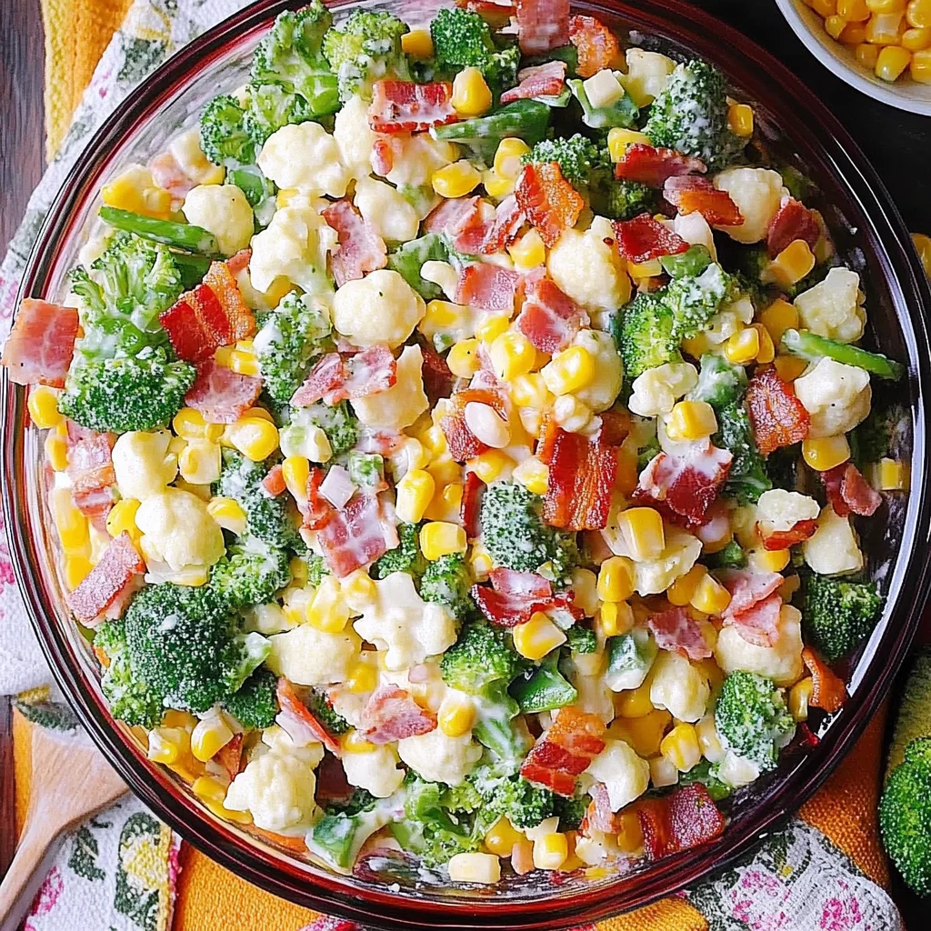Creamy Broccoli, Cauliflower, Corn, Turkey Bacon Salad