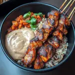 Grilled Chicken Skewers with Coconut Rice & Peanut Sauce