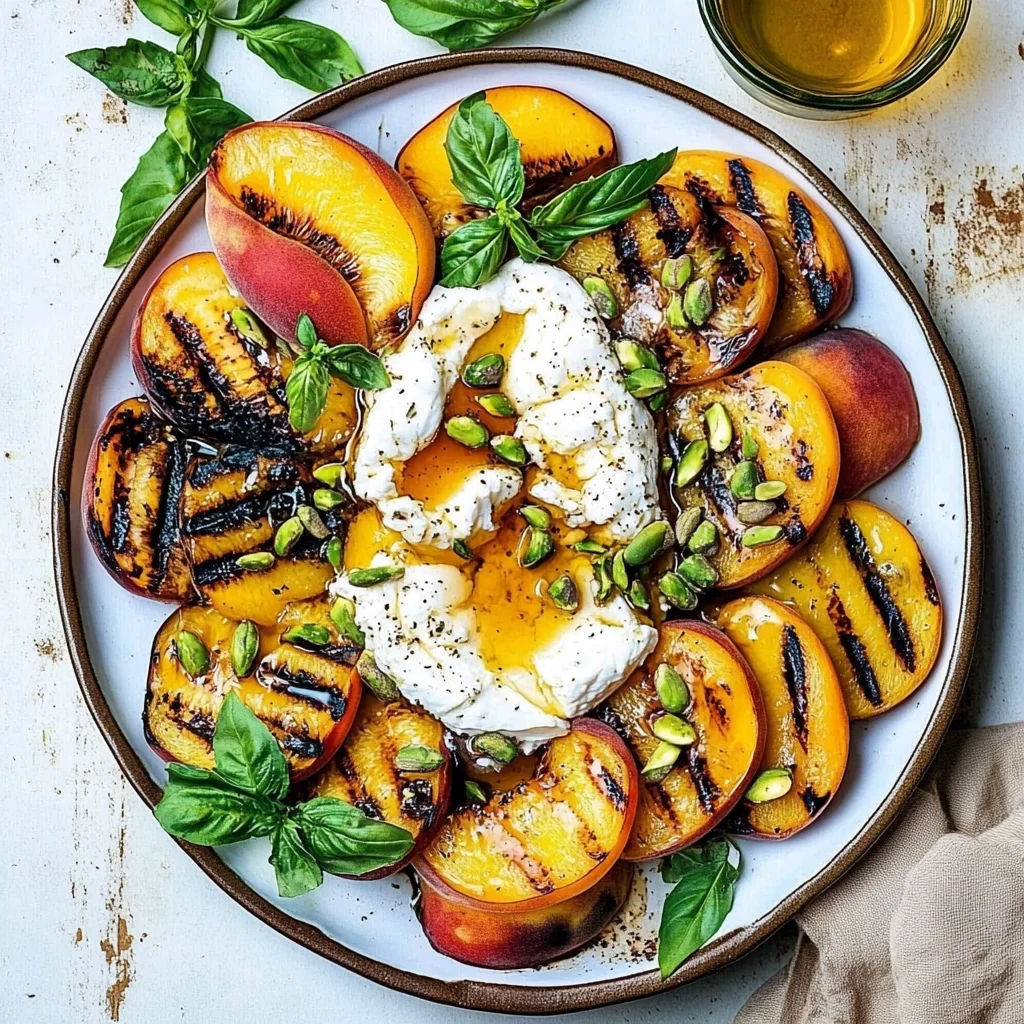 Grilled Peaches with Burrata, Honey, and Pistachios