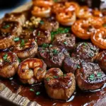 Savory steak bites and shrimp in garlic butter soy glaze