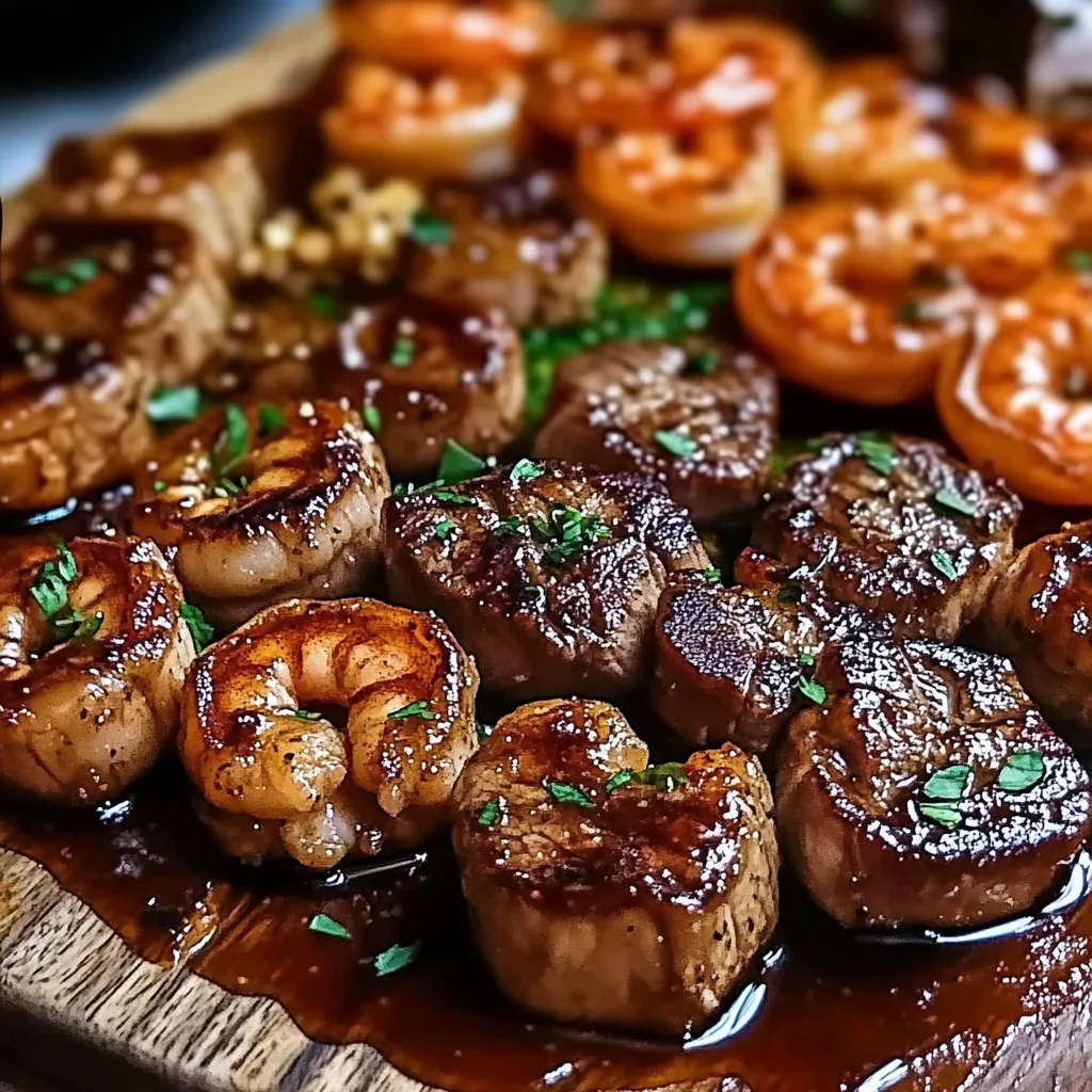 Savory steak bites and shrimp in garlic butter soy glaze