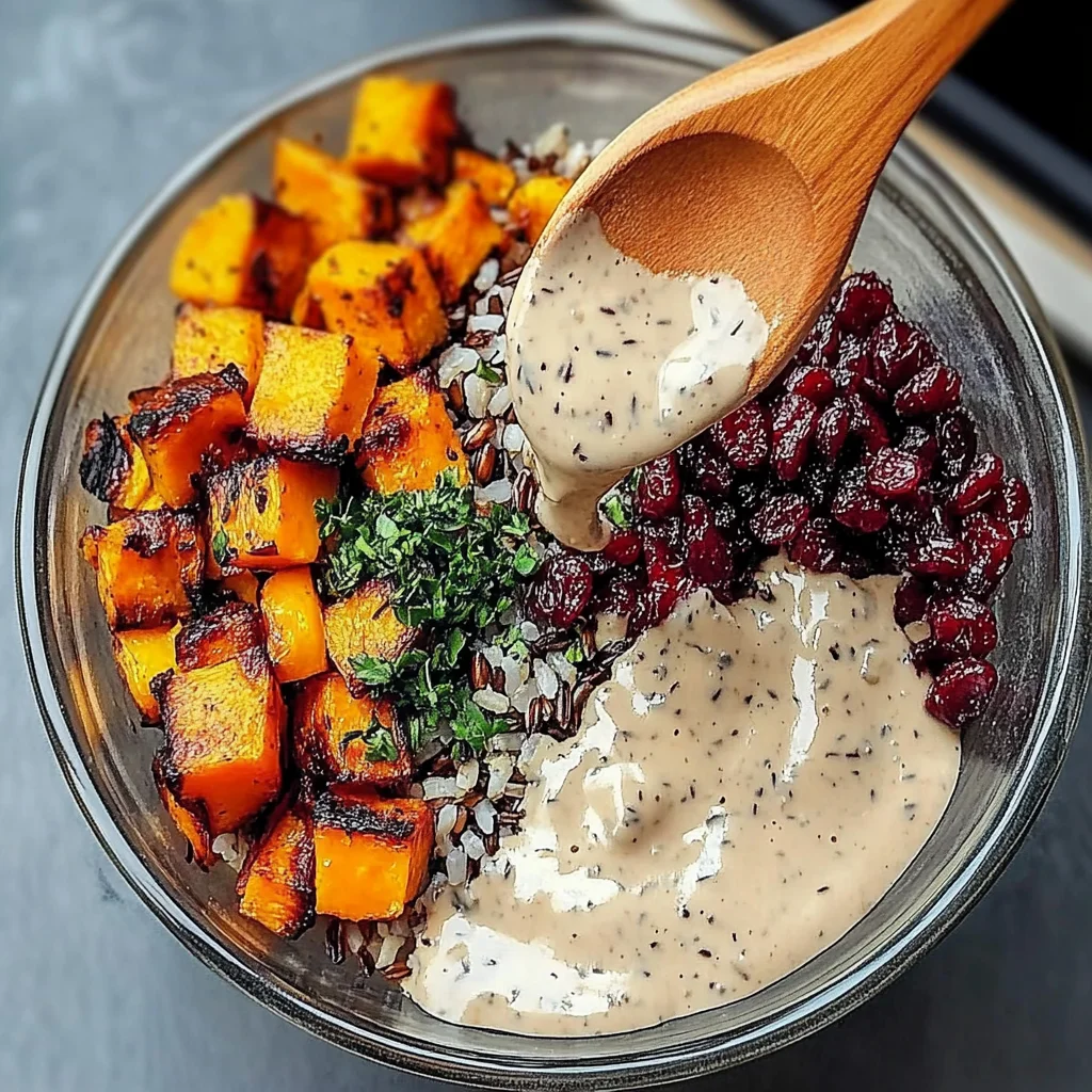 Vegan Roasted Butternut Squash, Cranberry, and Wild Rice Bowl with Maple Tahini Dressing