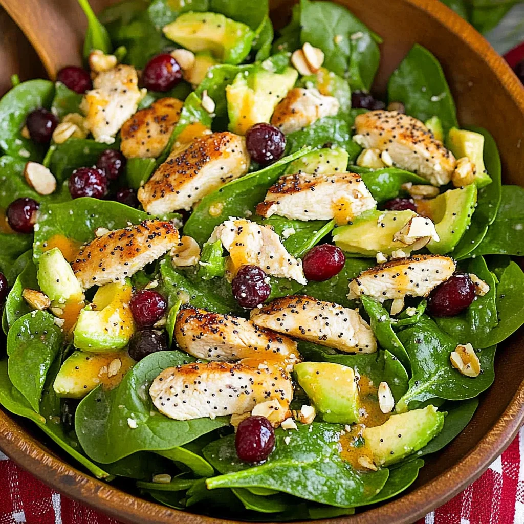 Cranberry Avocado Spinach Salad with Chicken and Orange Poppy Seed Dressing