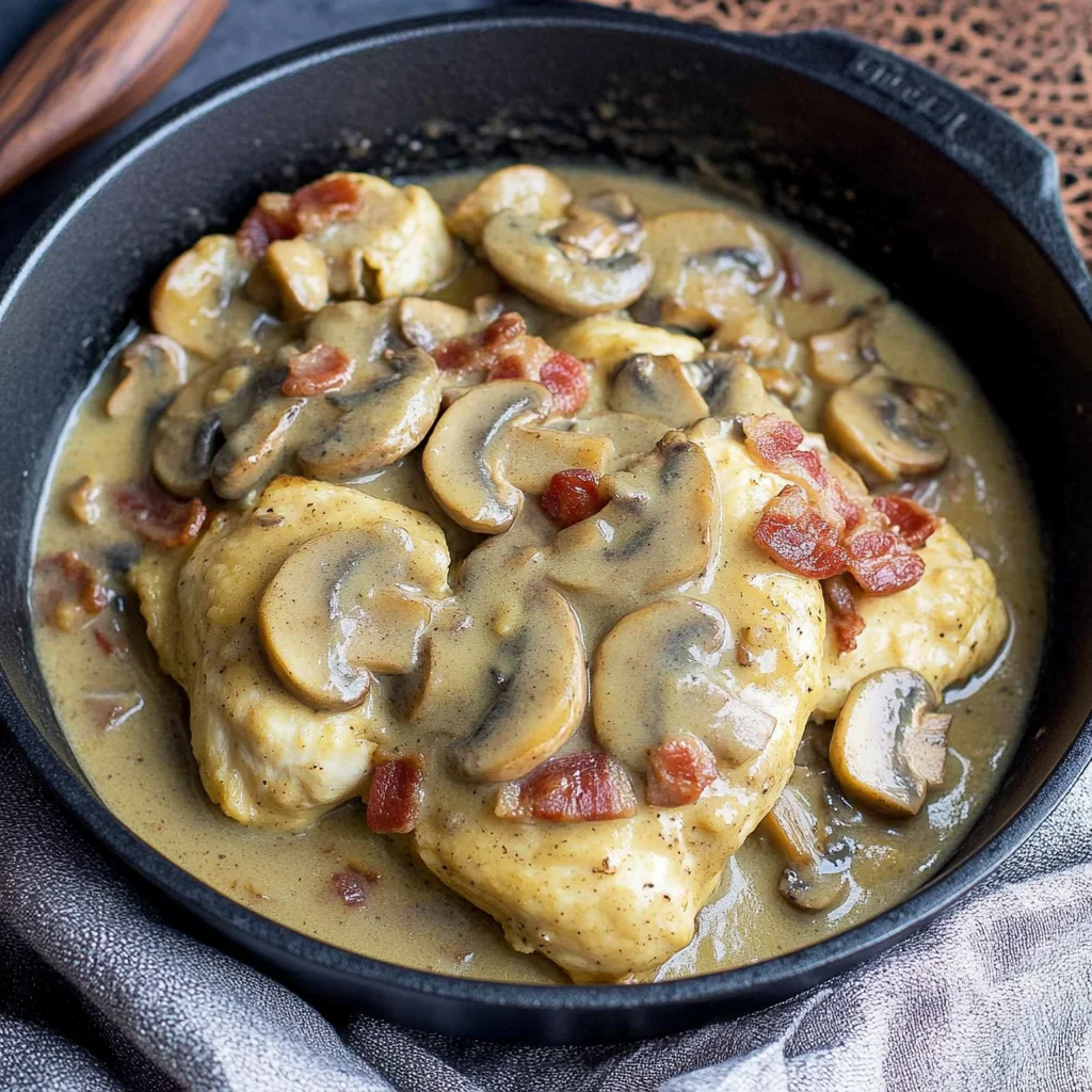 One Skillet Keto Chicken with Bacon Mushroom Gravy