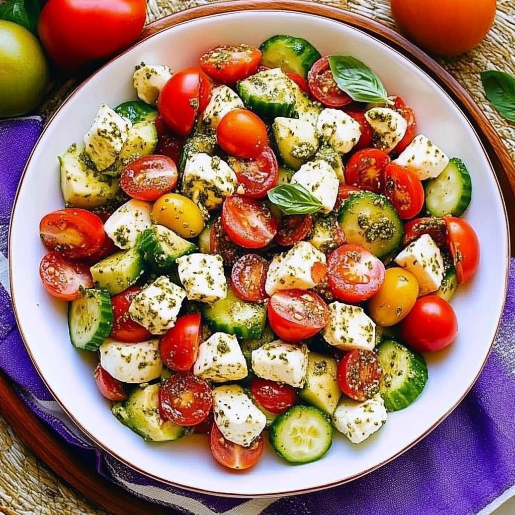 Tomato Cucumber Avocado Salad with Mozzarella and Basil Pesto