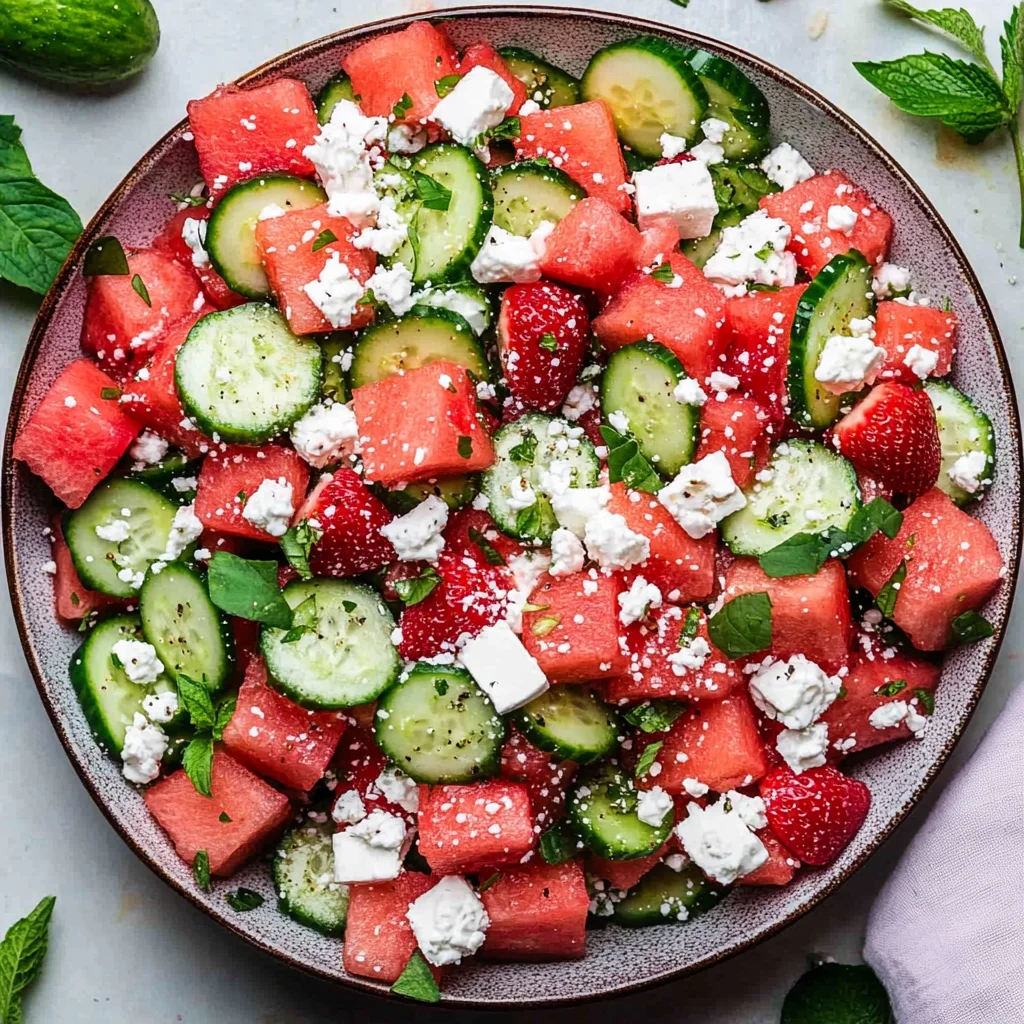 Watermelon Cucumber Salad with Strawberries and Feta