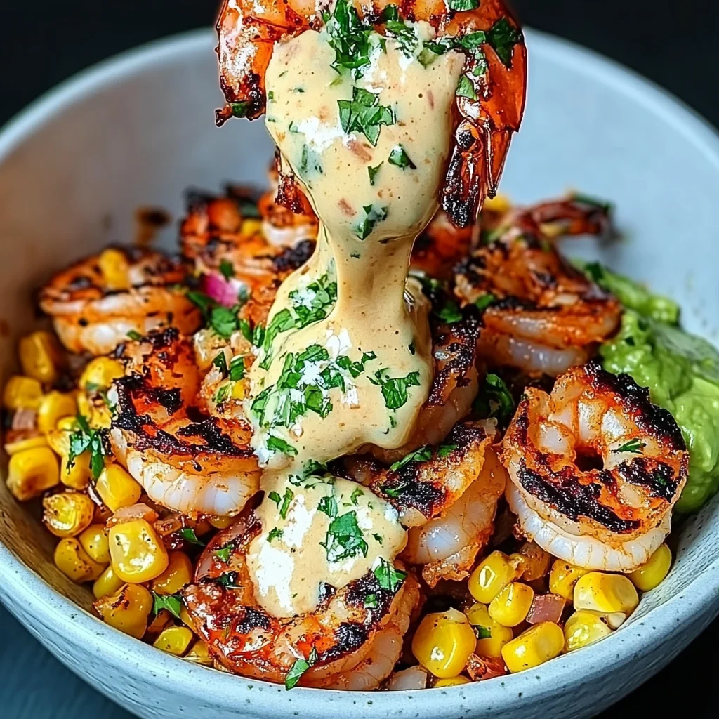 Grilled Shrimp Bowl with Avocado, Corn Salsa & Creamy Sauce