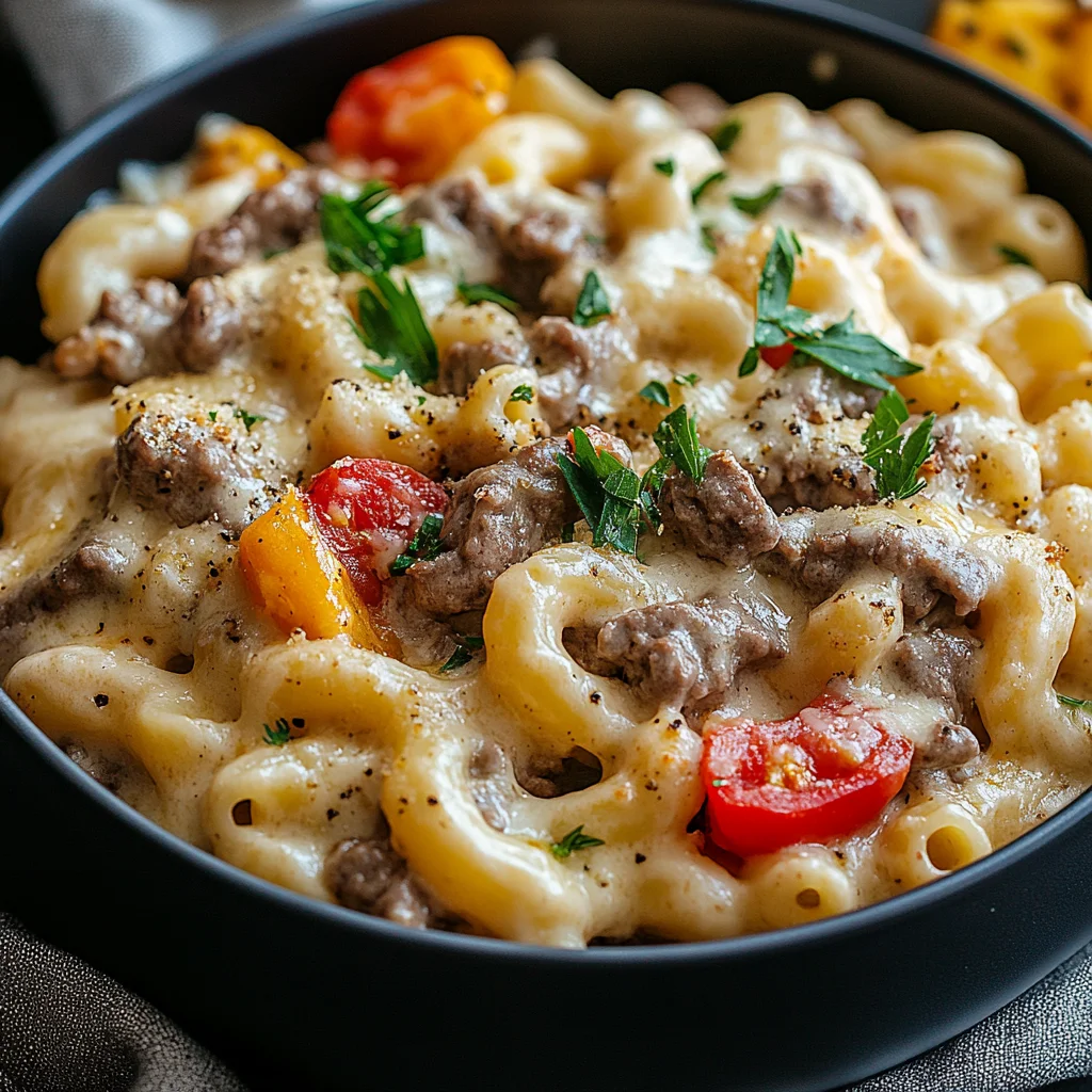 High-Protein Creamy Philly Cheesesteak Mac & Cheese