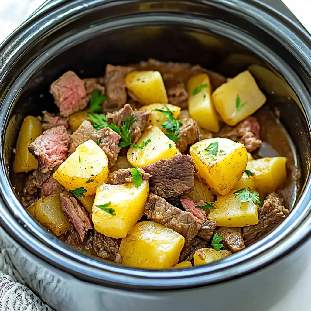 Slow Cooker Steak and Cheddar Potato Casserole