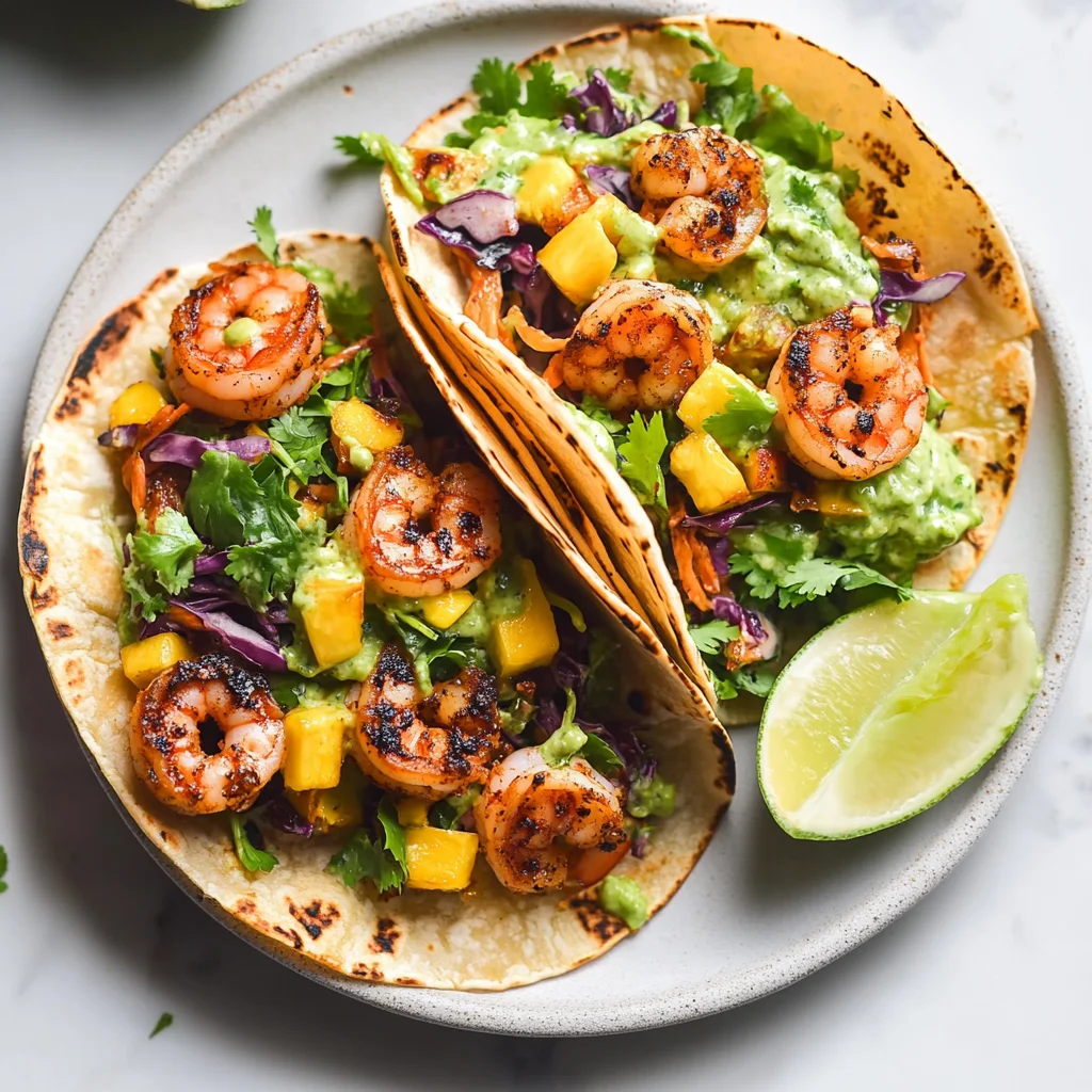 Spicy Shrimp Tacos with Mango Slaw and Avocado Crema