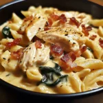 Creamy Chicken, Bacon & Spinach Pasta in Cheesy Garlic Sauce