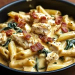 Creamy Chicken Pasta with Bacon, Spinach & Cheese