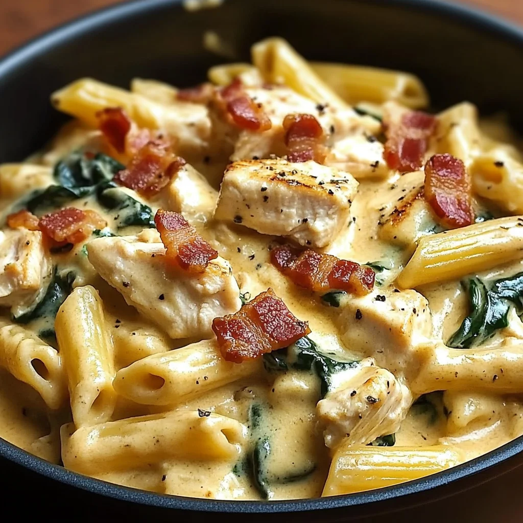 Creamy Chicken Pasta with Bacon, Spinach & Cheese