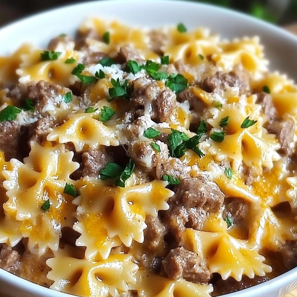 Garlic Butter Beef & Cheesy Bowtie Pasta