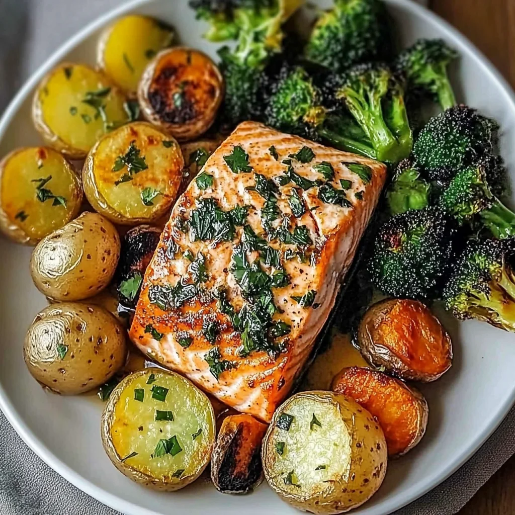 Garlic Butter Salmon with Roasted Veggies & Baby Potatoes