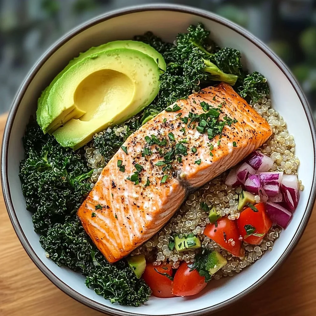 Herb-Roasted Salmon Bowl with Quinoa Kale Salad & Avocado