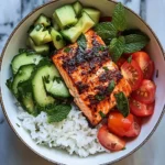 Honey-Glazed Salmon Bowl with Rice, Avocado, Cucumber & Tomato Herb Salad
