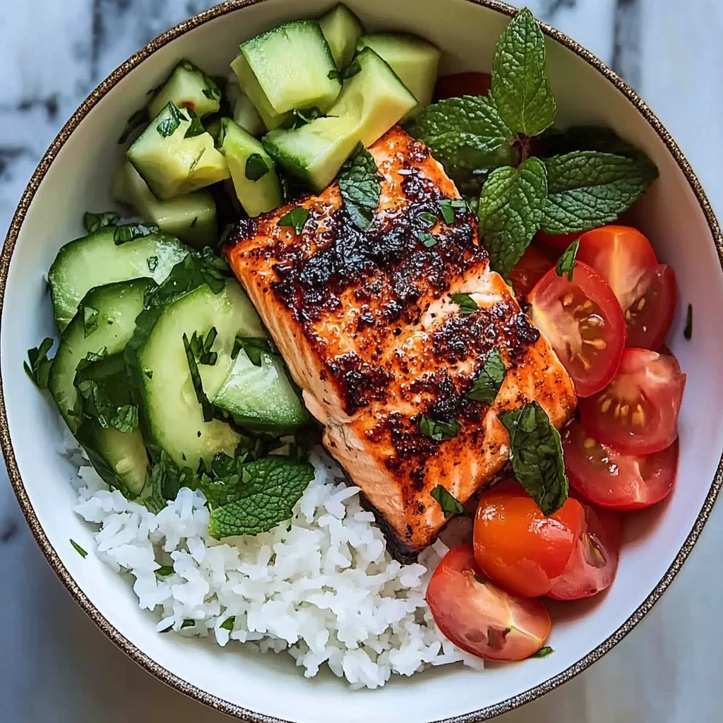 Honey-Glazed Salmon Bowl with Rice, Avocado, Cucumber & Tomato Herb Salad