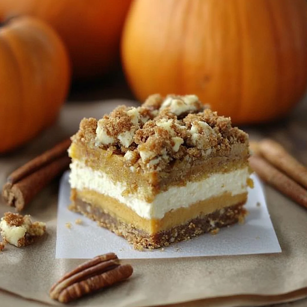 Pumpkin Cheesecake Bars with Walnut Crust and Streusel Topping