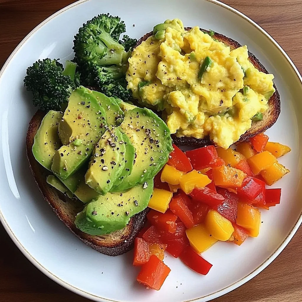 Rainbow Avocado Toast with Scrambled Eggs & Veggie Medley