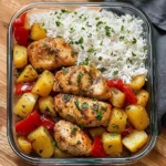 Savory Herb Chicken with Roasted Potatoes, Bell Peppers & Steamed Rice