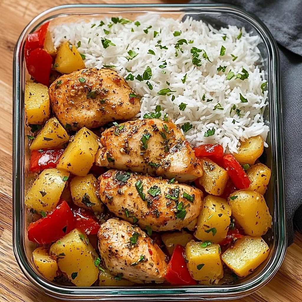 Savory Herb Chicken with Roasted Potatoes, Bell Peppers & Steamed Rice