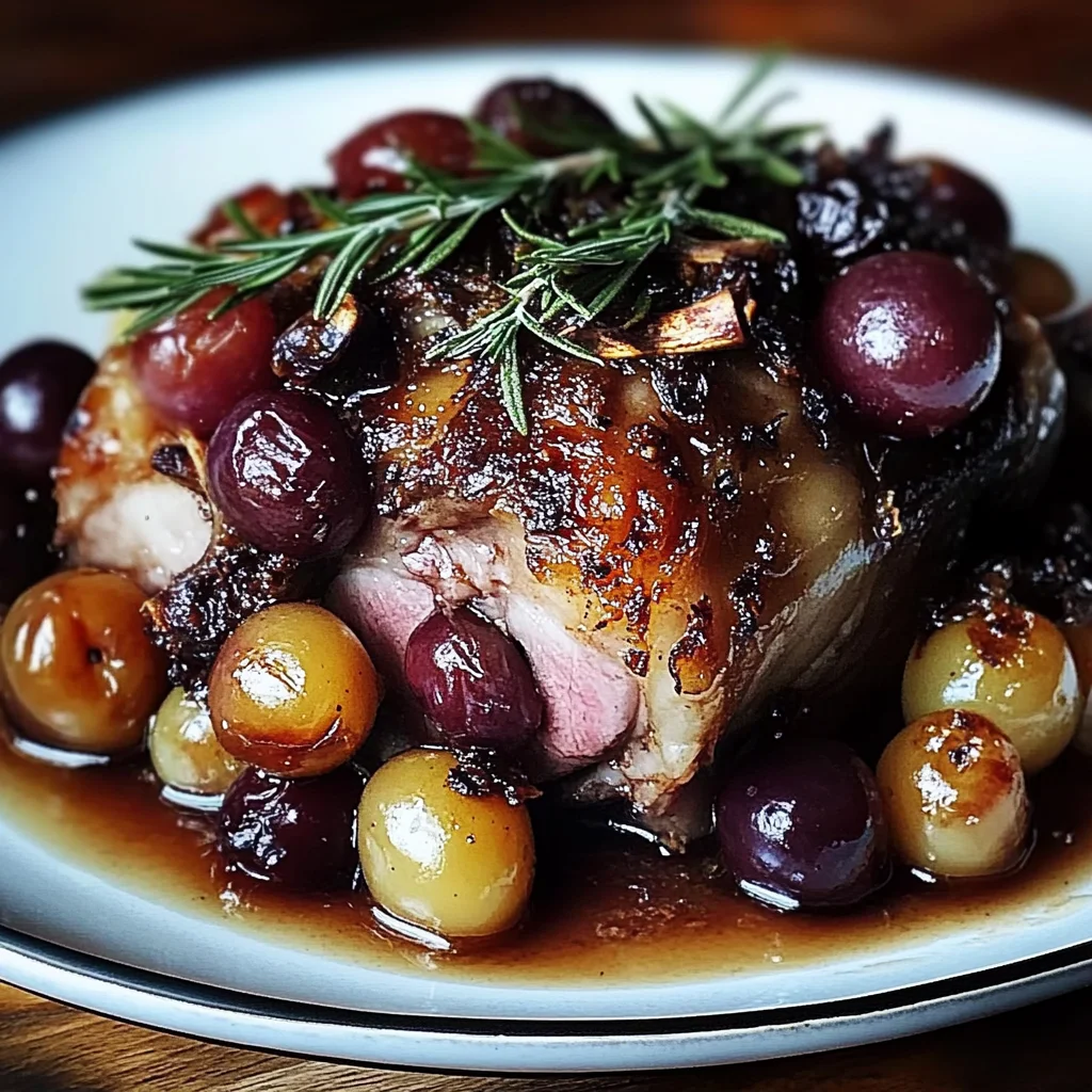 Slow-Roasted Lamb Shoulder with Rosemary, Garlic Cream & Caramelized Grapes