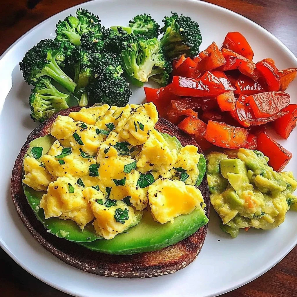 Avocado Toast with Scrambled Eggs & Sauted Veggies