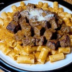 Cajun Steak Tips in Cheesy Rigatoni Parmesan Sauce