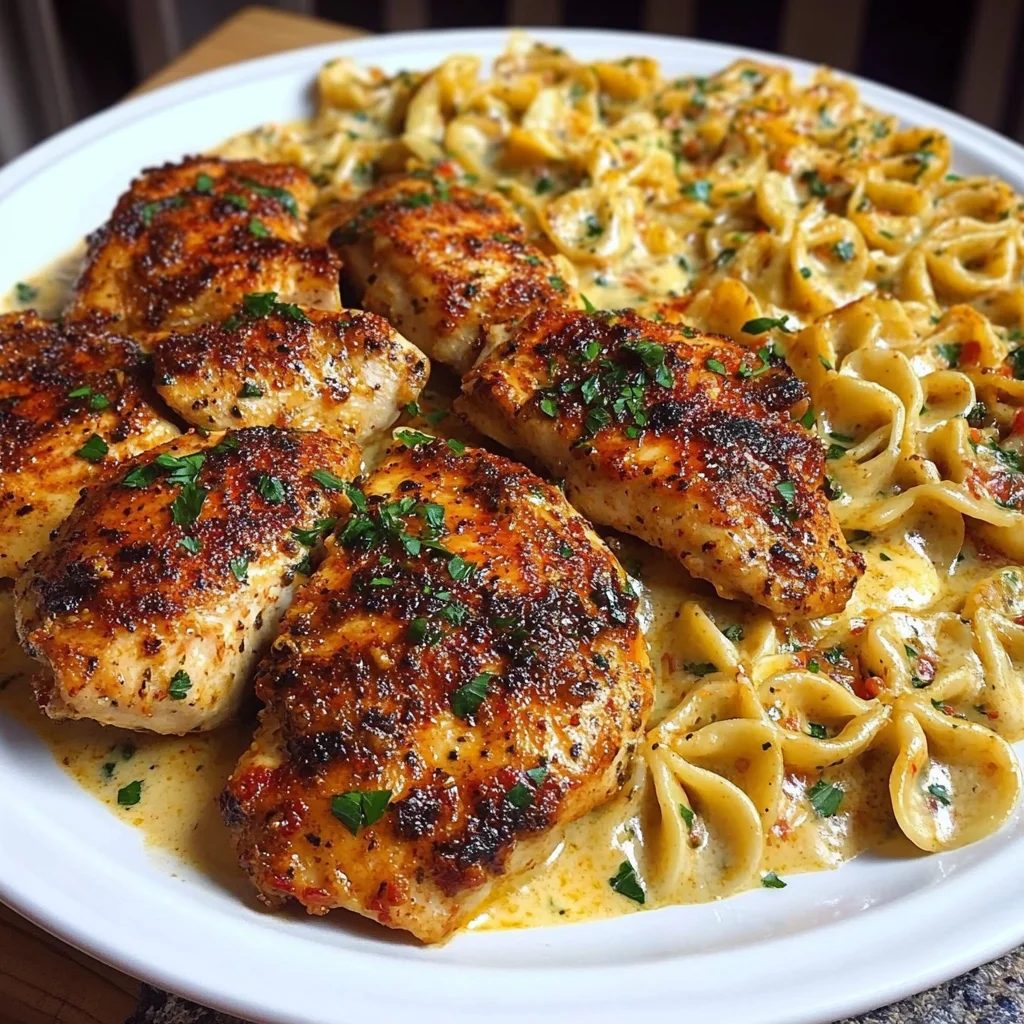 Cheesy Garlic Chicken with Cajun Alfredo Bowties