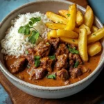 Coconut-Infused Beef Curry with Fries and Rice