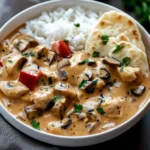Creamy Chicken Curry with Golden Mushrooms, Rice & Warm Naan