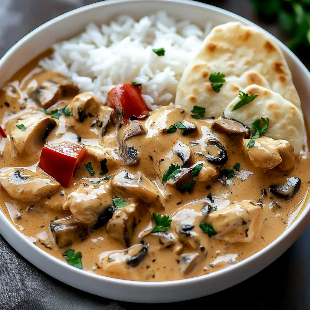 Creamy Chicken Curry with Golden Mushrooms, Rice & Warm Naan