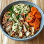 Grilled Chicken Rice Bowl with Creamy Herb Sauce & Carrots