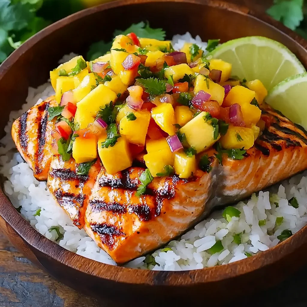 Grilled Salmon with Mango Salsa & Coconut Rice