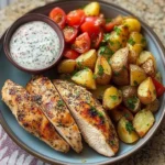 Herb Chicken with Roasted Potatoes, Tomato Salad & Yogurt Dip