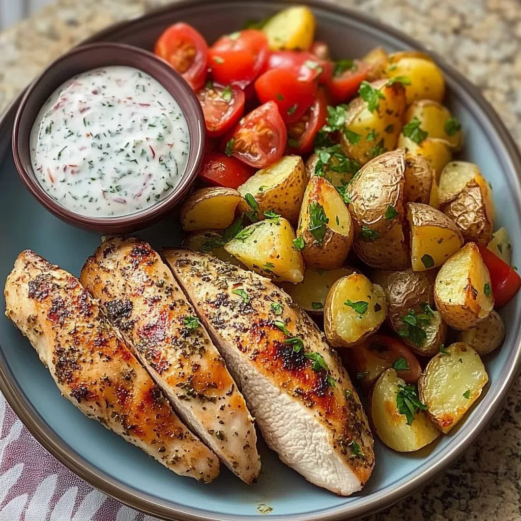 Herb Chicken with Roasted Potatoes, Tomato Salad & Yogurt Dip
