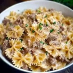 Creamy Parmesan Garlic Beef Bowtie Pasta