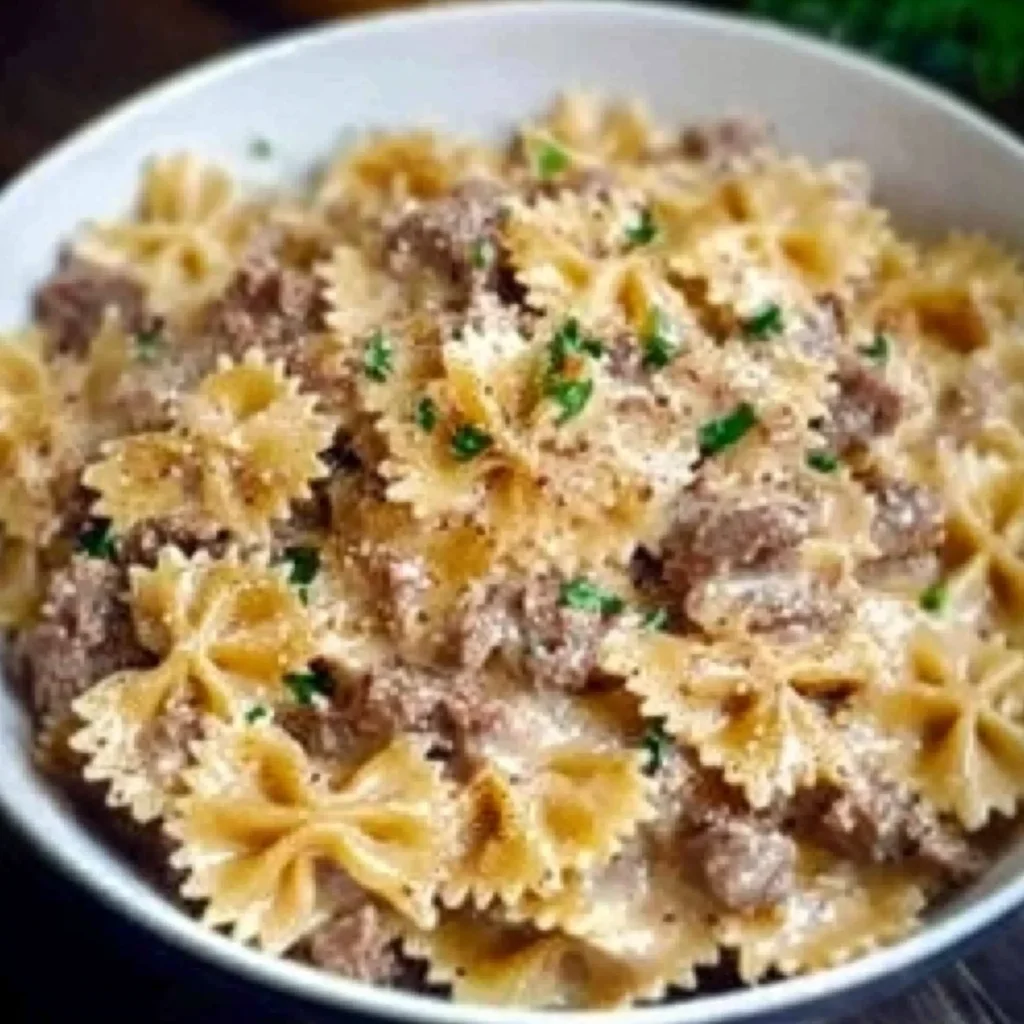 Creamy Parmesan Garlic Beef Bowtie Pasta
