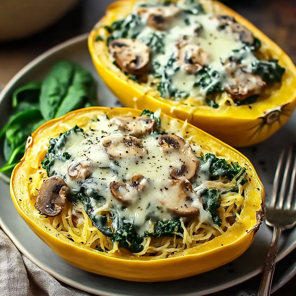 Creamy Spinach and Mushroom Stuffed Spaghetti Squash