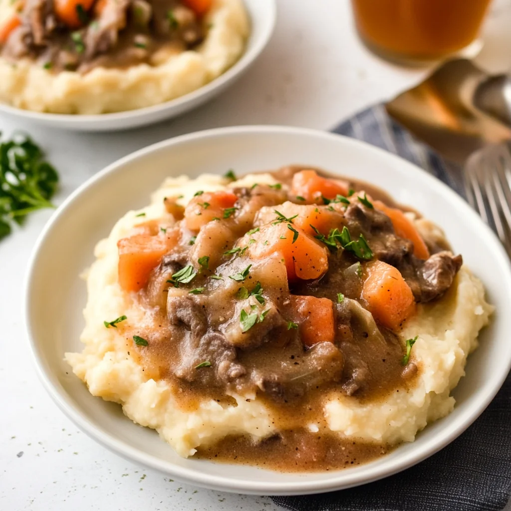 Fall Apple Cider Stew over Mashed Potatoes