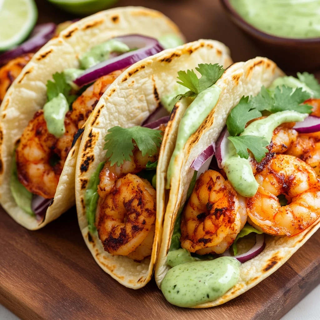 Spicy Shrimp Tacos with Avocado Crema
