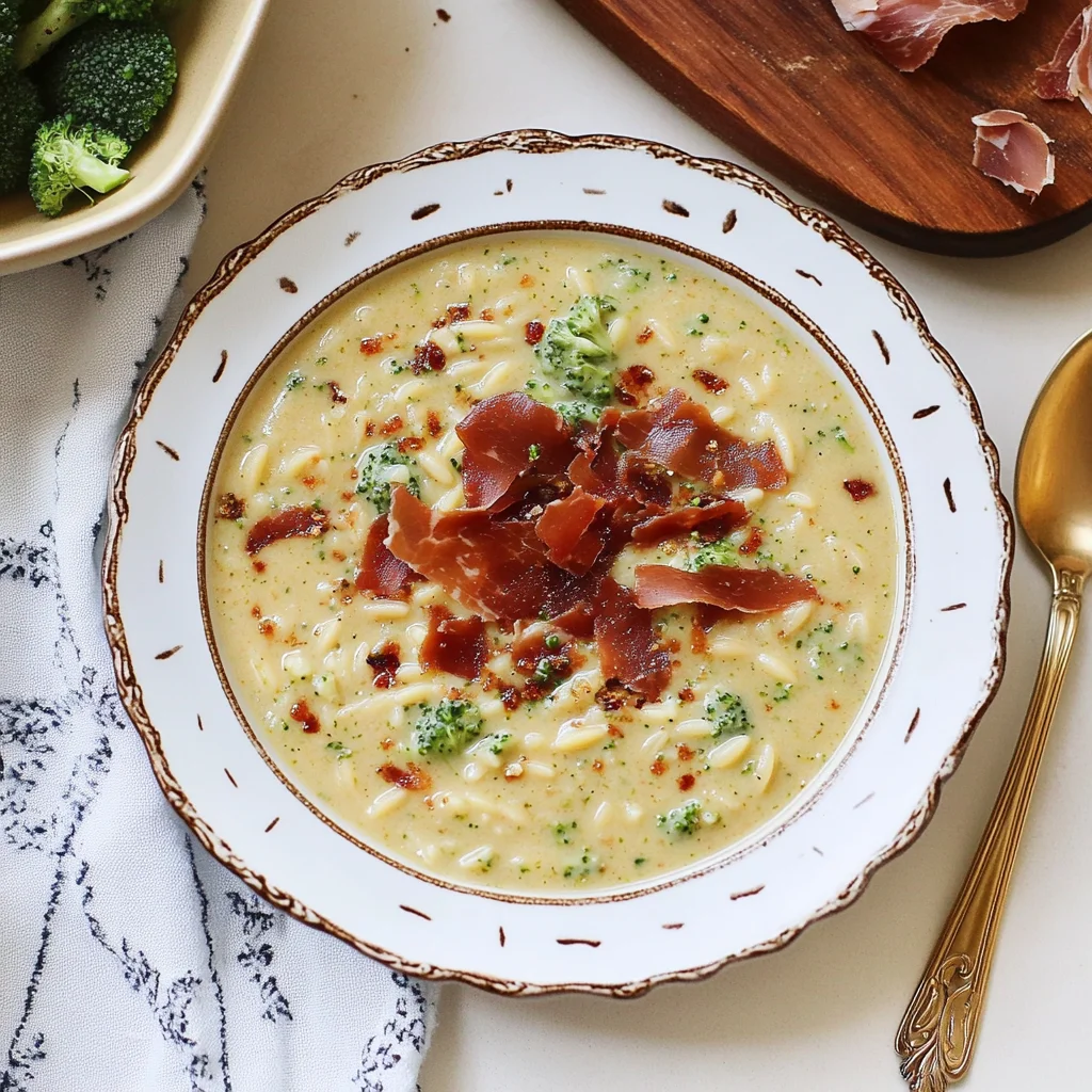 Broccoli Cheddar Orzo Soup with Crispy Prosciutto