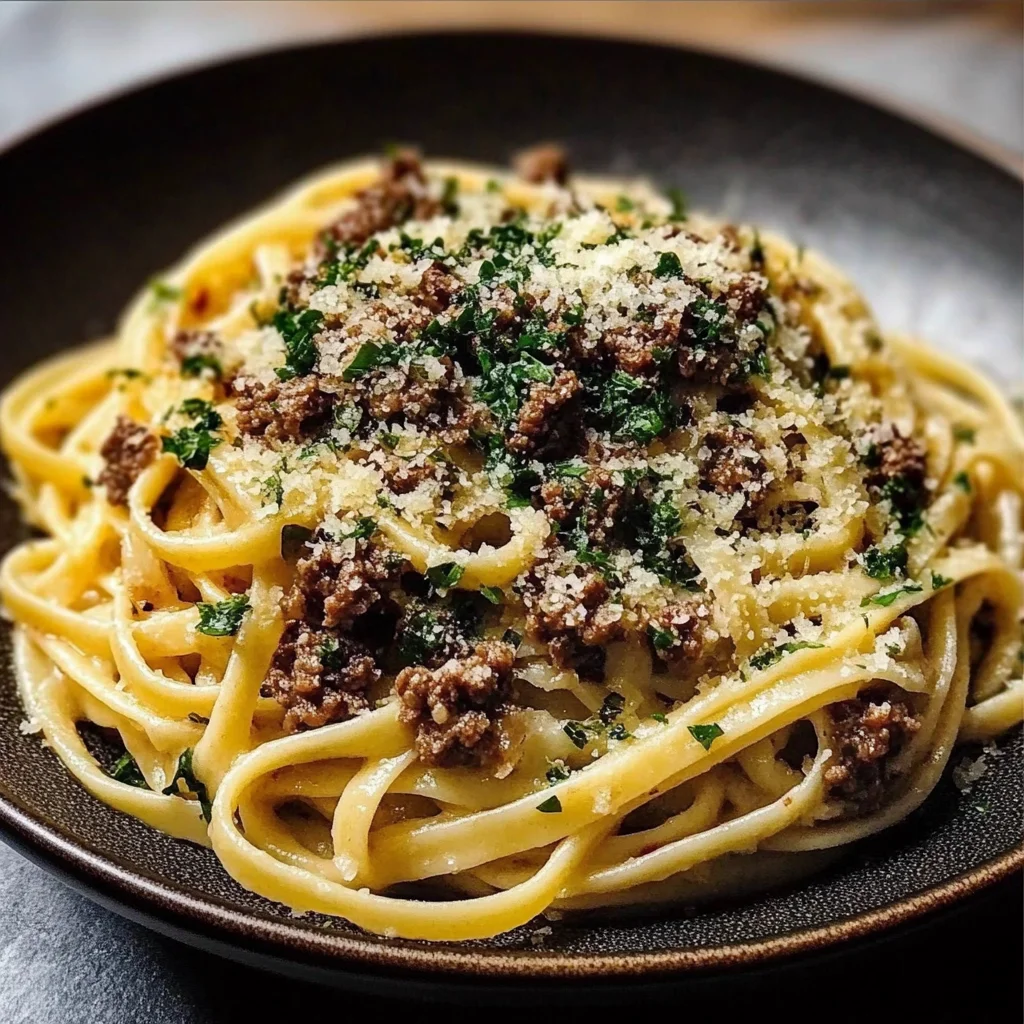 Creamy Parmesan Beef Linguine with Garlic Butter Sauce