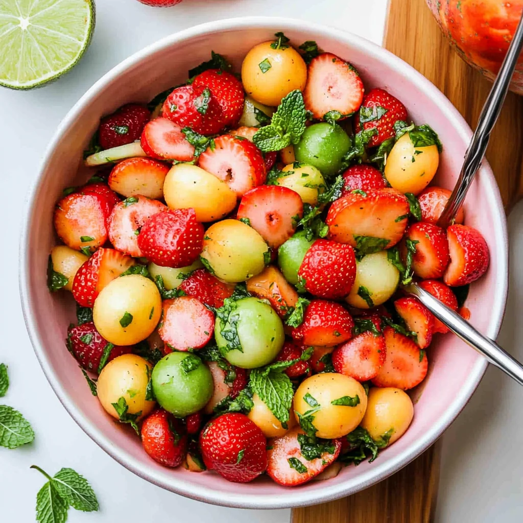 Melon Strawberry Salad with Lime Mint Dressing