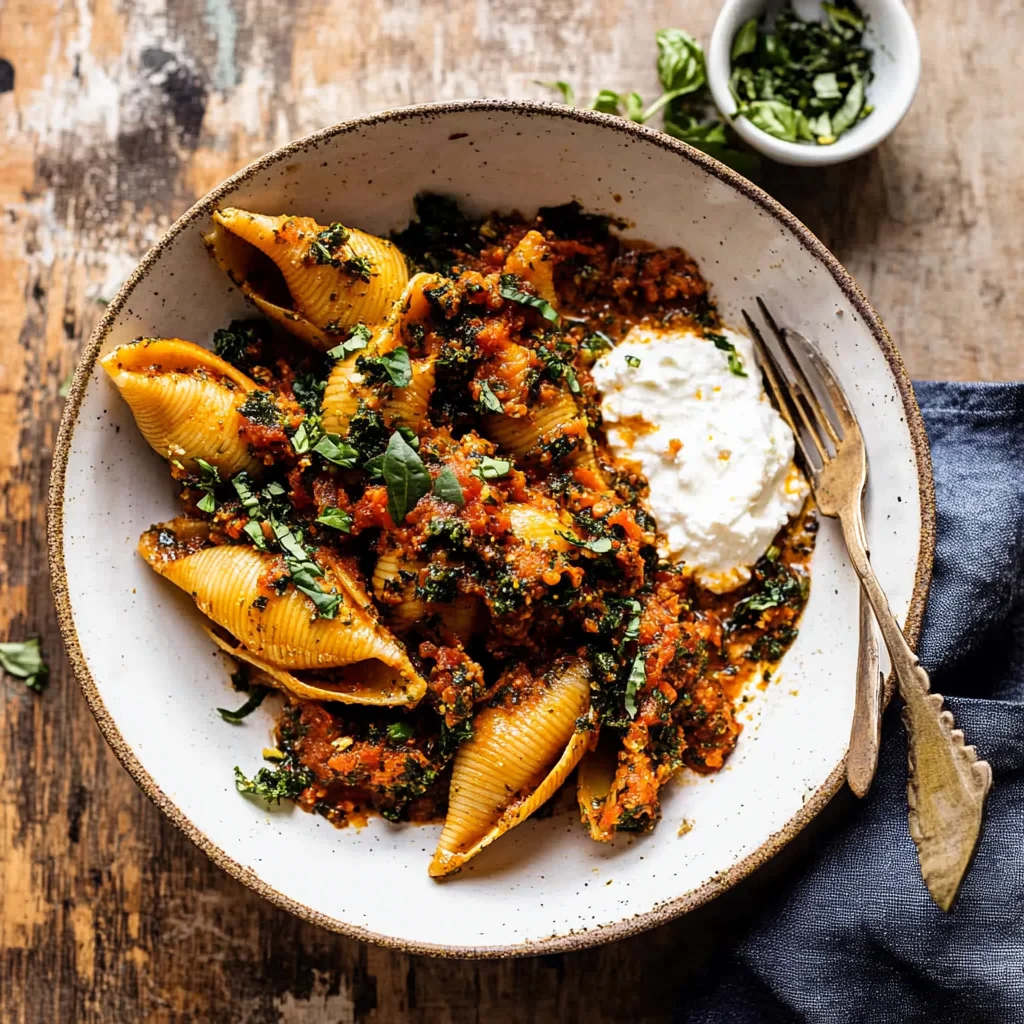 Unstuffed Spicy Tomato Basil Shells with Whipped Ricotta.