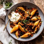 Unstuffed Spicy Tomato Basil Shells with Whipped Ricotta.