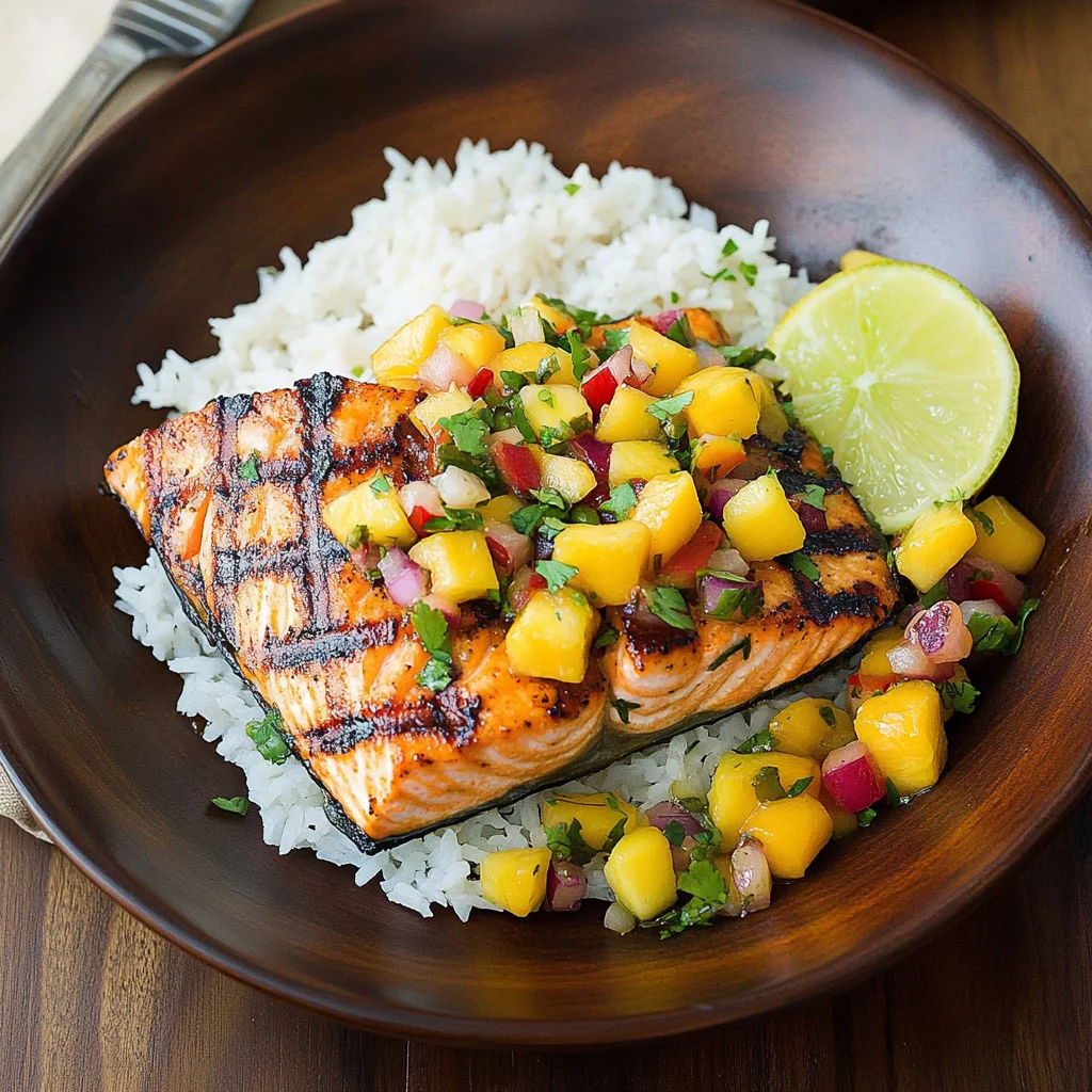 Grilled Salmon with Mango Salsa and Coconut Rice